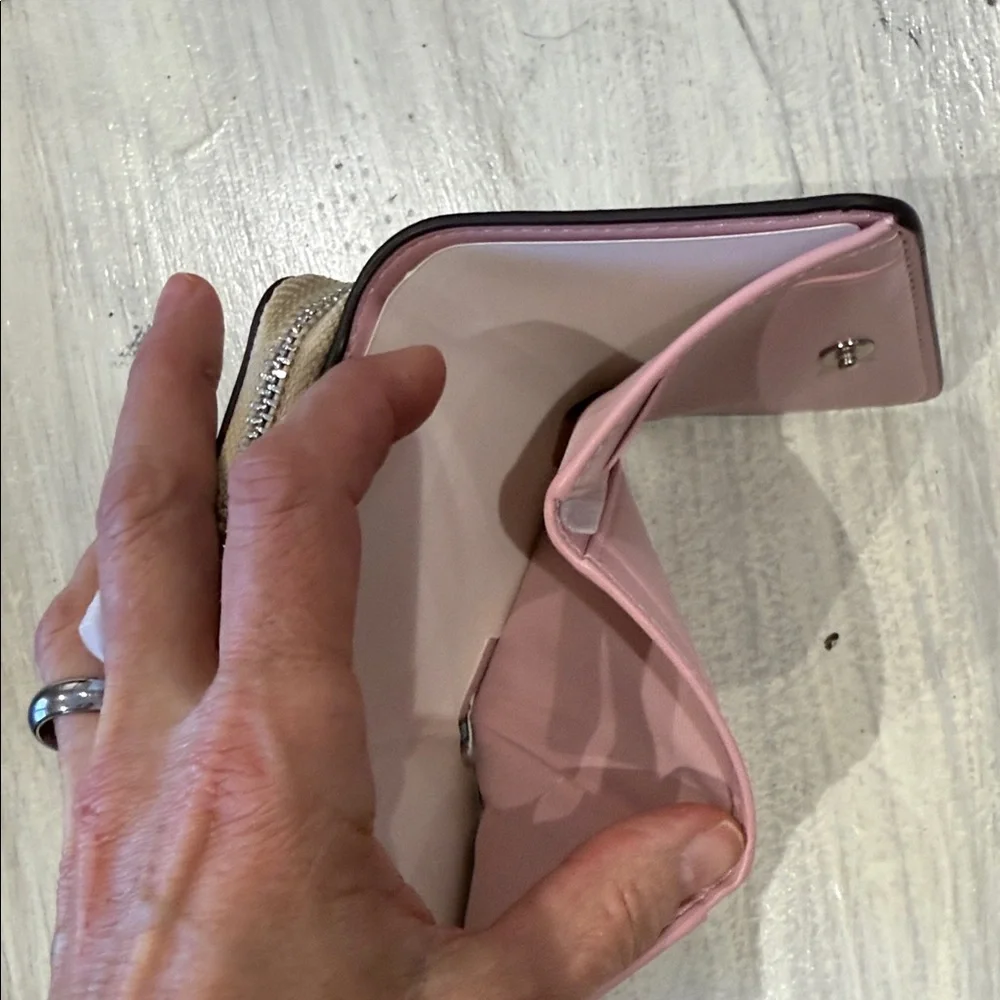 Coach Beige Signature Trifold Wallet- Pink Leather Interior